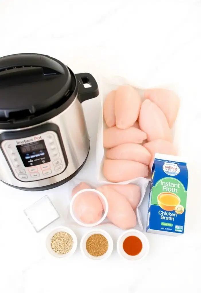 A flat lay of ingredients for cooking frozen chicken in an Instant Pot: frozen chicken, chicken broth, and spices