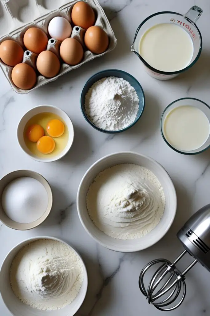 A flat-lay collage of ingredients for Japanese fluffy pancakes, including eggs, flour, sugar, milk, and a whisk on a clean, bright background.

