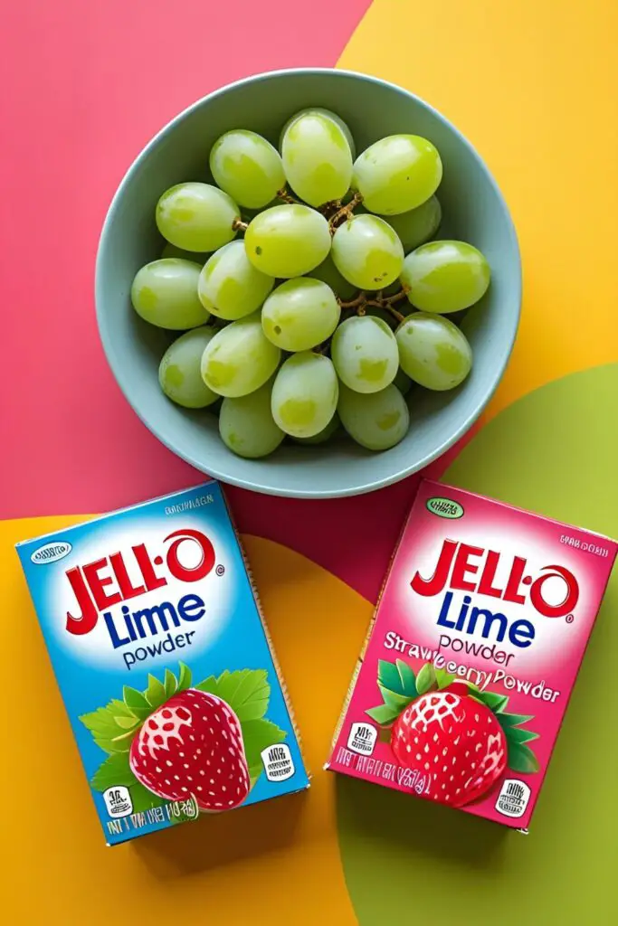The ingredients needed for making the viral candied Jello frozen grapes variation: fresh grapes and Jello powder.