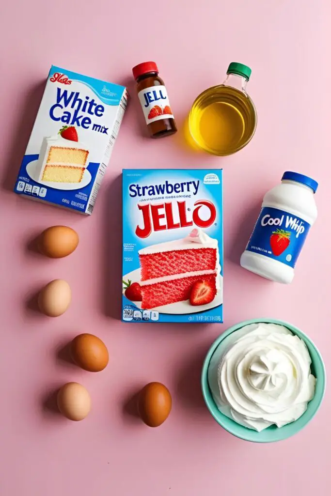 A flat lay of ingredients for a jello poke cake: a box of cake mix, a box of jello, and a tub of Cool Whip.