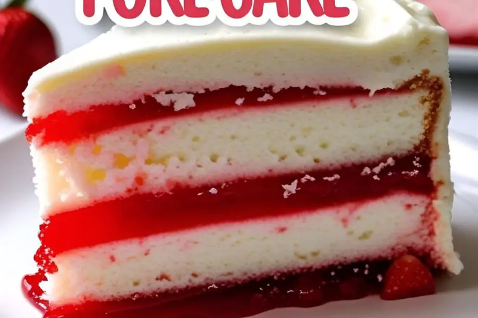A colorful slice of strawberry jello poke cake with the text overlay "The Easiest Jello Poke Cake."