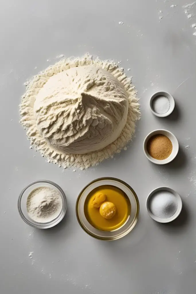 A clean flat lay of ingredients for making bread: a mound of bread flour, a bowl of yeast, sugar, salt, and water on a simple background.