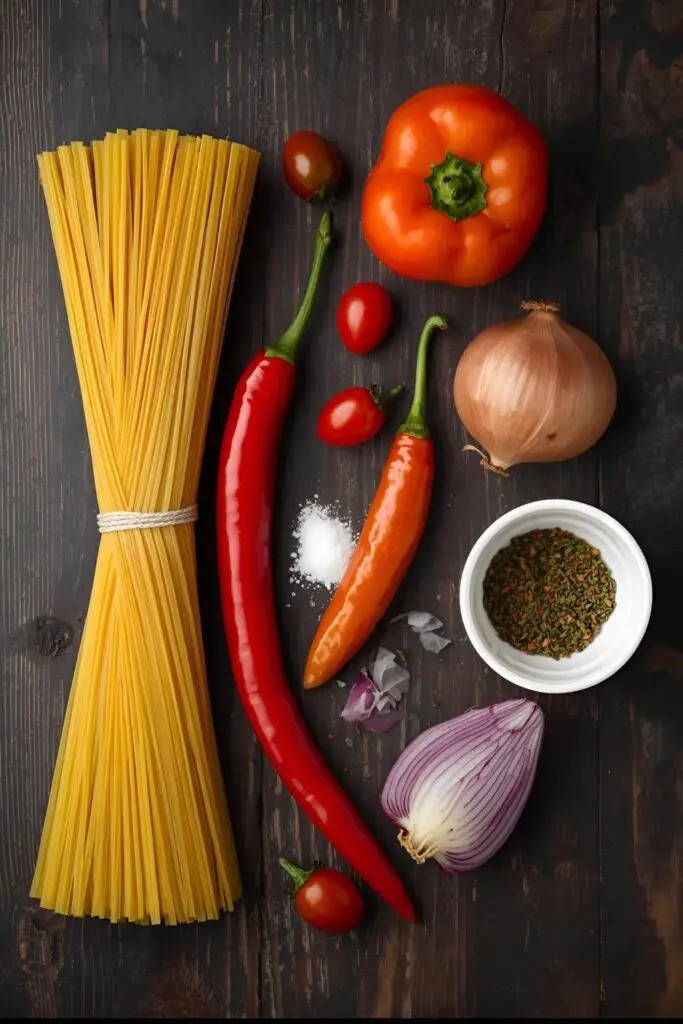 A flat lay of the key ingredients for Jollof Spaghetti: spaghetti, tomatoes, bell pepper, onion, and spices.