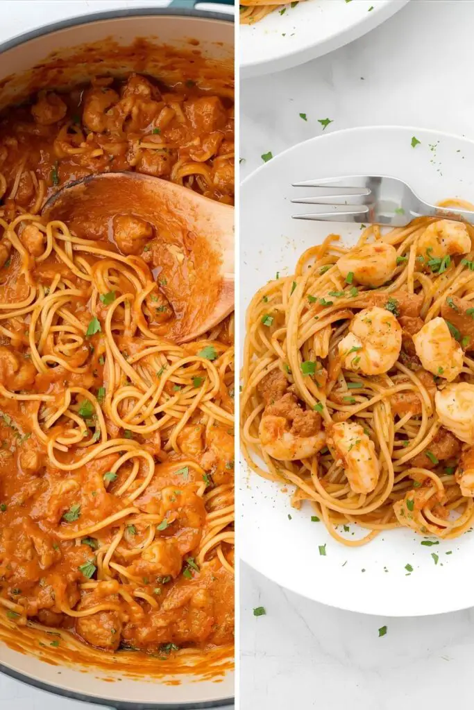 A close-up of a serving of Jollof Spaghetti on a plate, next to the full pot it was cooked in.