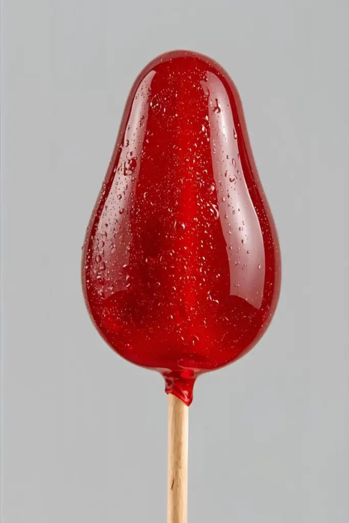 A macro shot of a single green grape coated in a glossy, transparent red Jolly Rancher candy shell, showing the perfect glass-like texture.
