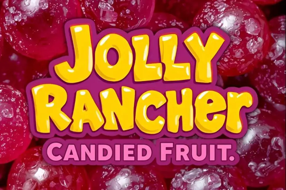 A close-up of vibrant, glossy, multi-colored Jolly Rancher candied grapes on skewers, with a text overlay that says "Jolly Rancher Candied Fruit."