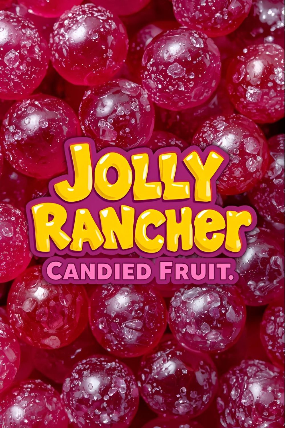 A close-up of vibrant, glossy, multi-colored Jolly Rancher candied grapes on skewers, with a text overlay that says "Jolly Rancher Candied Fruit."