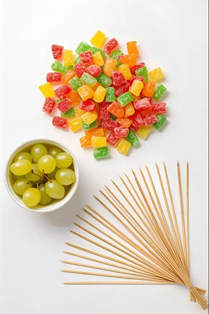 A colorful flat lay of ingredients for candied fruit: a pile of unwrapped Jolly Ranchers, a bowl of green grapes, and bamboo skewers.
