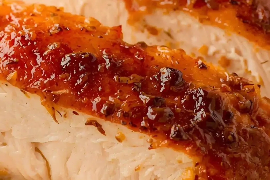 A perfectly sliced, juicy chicken breast with the text "The Juiciest Instant Pot Chicken Breast.