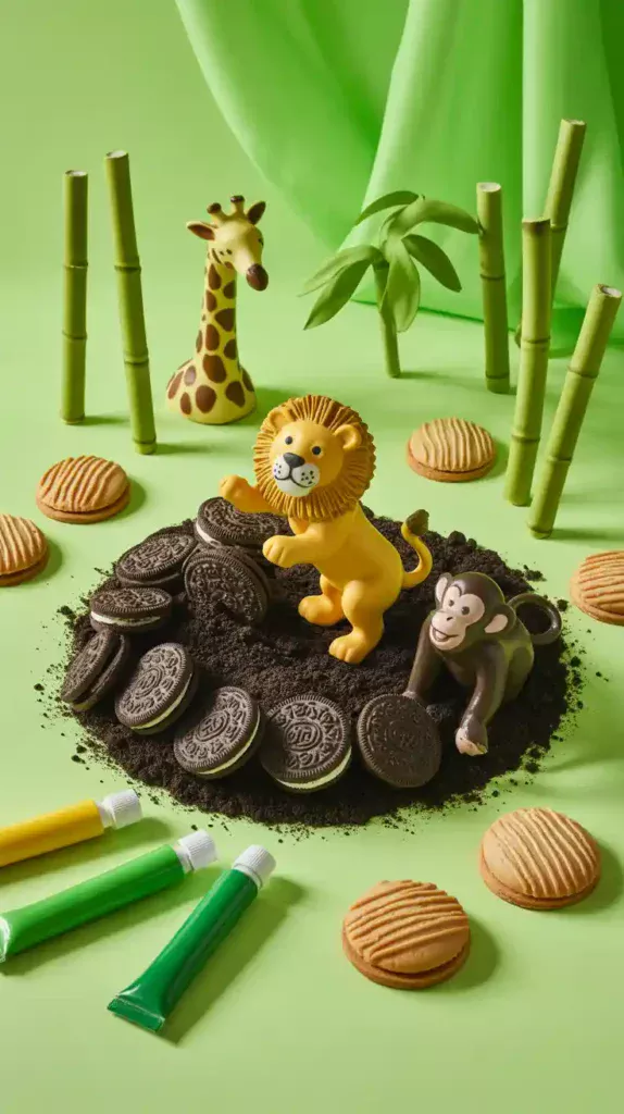 A flat lay of the decorations for a jungle safari cake, including toy animals, crushed Oreos, and pirouette cookies.