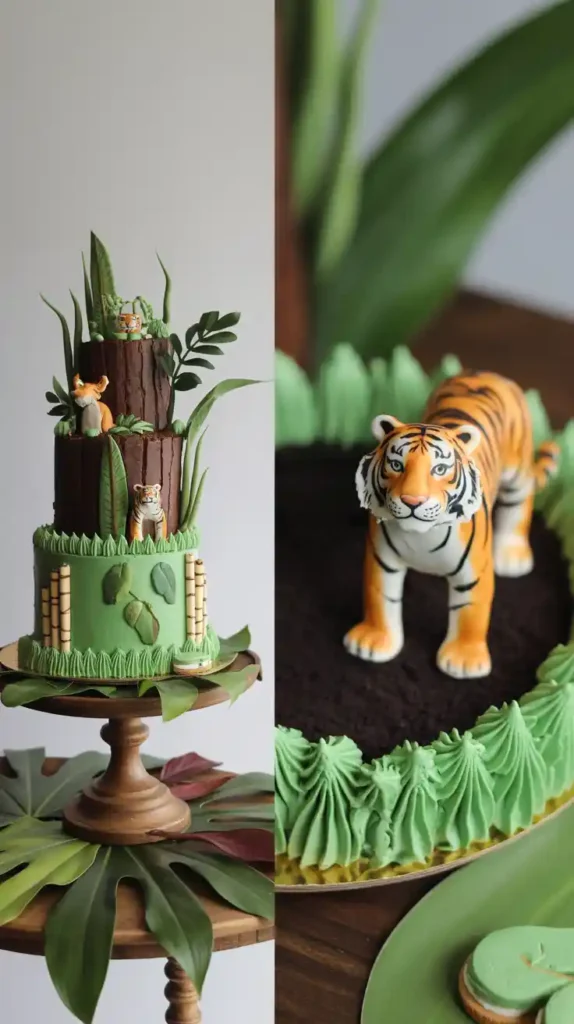 A two-panel image showing the full jungle safari cake and a close-up detail of a toy tiger in the "Oreo dirt" decoration.