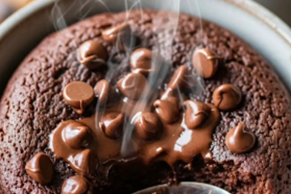 Text overlay "Keto Dessert Easy" over a close-up, tempting image of a rich, gooey chocolate mug cake with melted chocolate chips, served with a spoon.