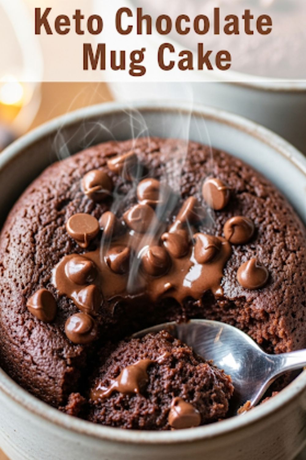 Text overlay "Keto Dessert Easy" over a close-up, tempting image of a rich, gooey chocolate mug cake with melted chocolate chips, served with a spoon.