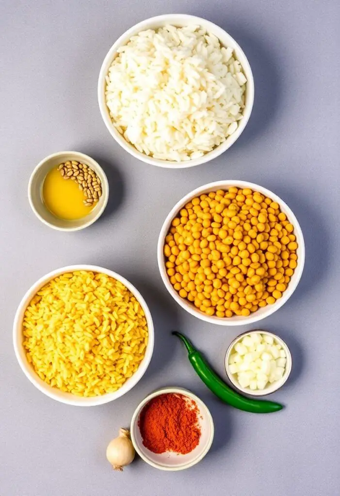  A neat flat lay collage of khichdi ingredients: bowls of basmati rice, moong dal, masoor dal, ghee, whole cumin seeds, turmeric, red chili powder, chopped onion, ginger, garlic, and green chili.