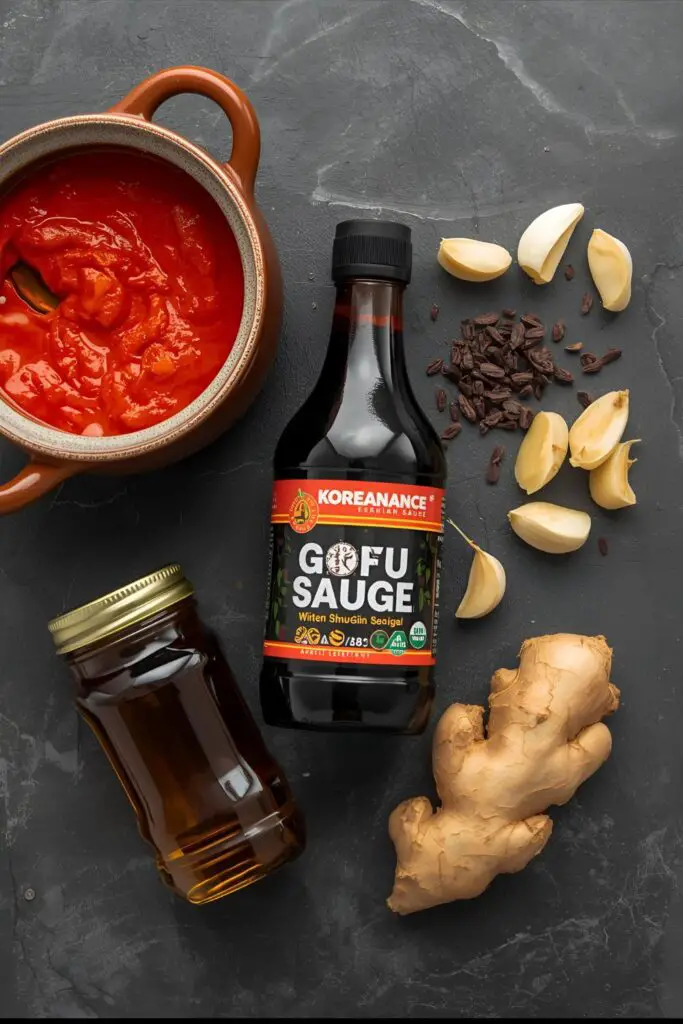 The essential ingredients like gochujang and soy sauce for an authentic Korean chicken recipe sauce