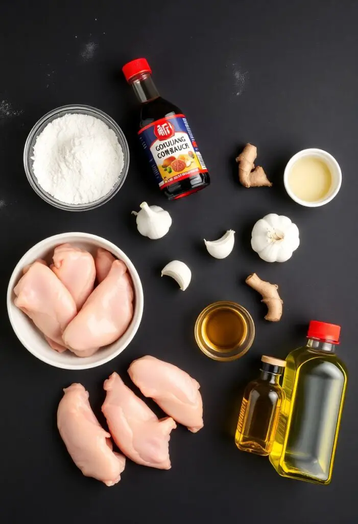 A two-panel image showing chicken frying in oil and a bowl of the finished Korean fried chicken with soy garlic sauce.