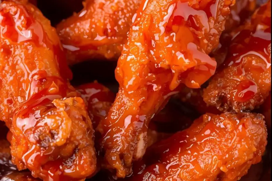 Crispy Korean fried chicken wings coated in a red sauce, with the text overlay "Korean Fried Chicken."