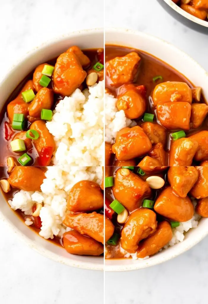 Two images of Kung Pao Chicken, one in a serving bowl, the other a close-up of the textures