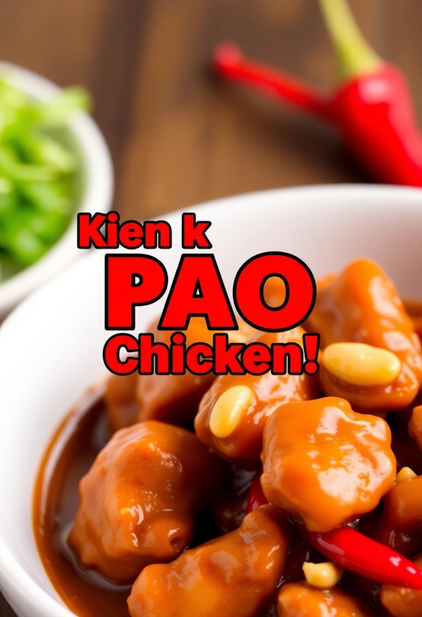 "Kung PAO Chicken!" in a bold, fiery red font. Background: A close-up, mouthwatering shot of Kung Pao Chicken in a bowl, showcasing the glossy sauce, peanuts, and red chili peppers.
