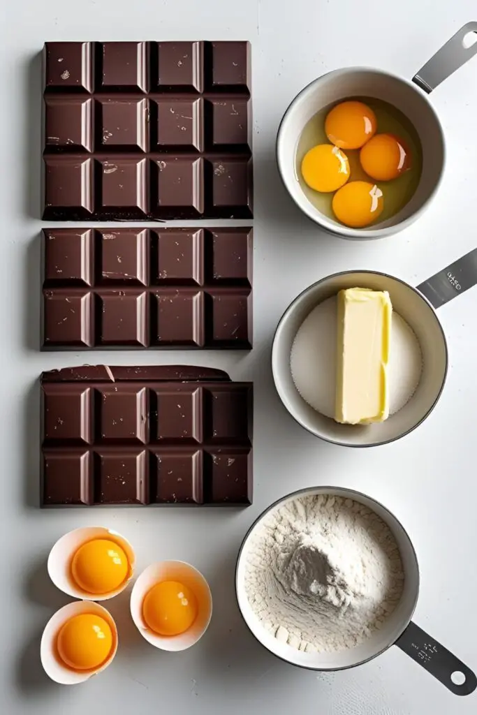 The key ingredients for making decadent homemade lava cakes: dark chocolate, butter, eggs, sugar, and flour.