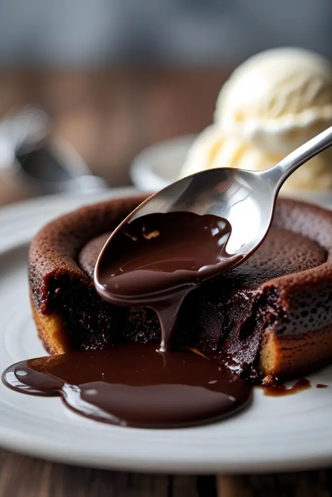 A close-up of a warm lava cake being cut open to show the gooey, flowing molten chocolate center.