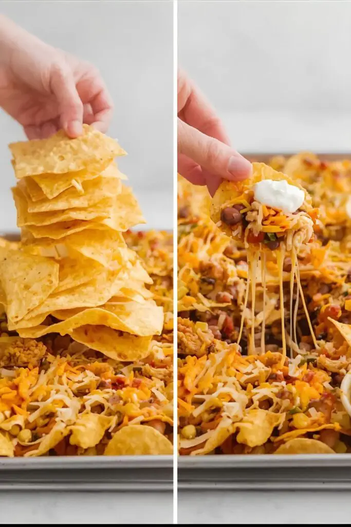The secret layering technique for making chicken nachos and a close-up of a perfectly loaded chip.