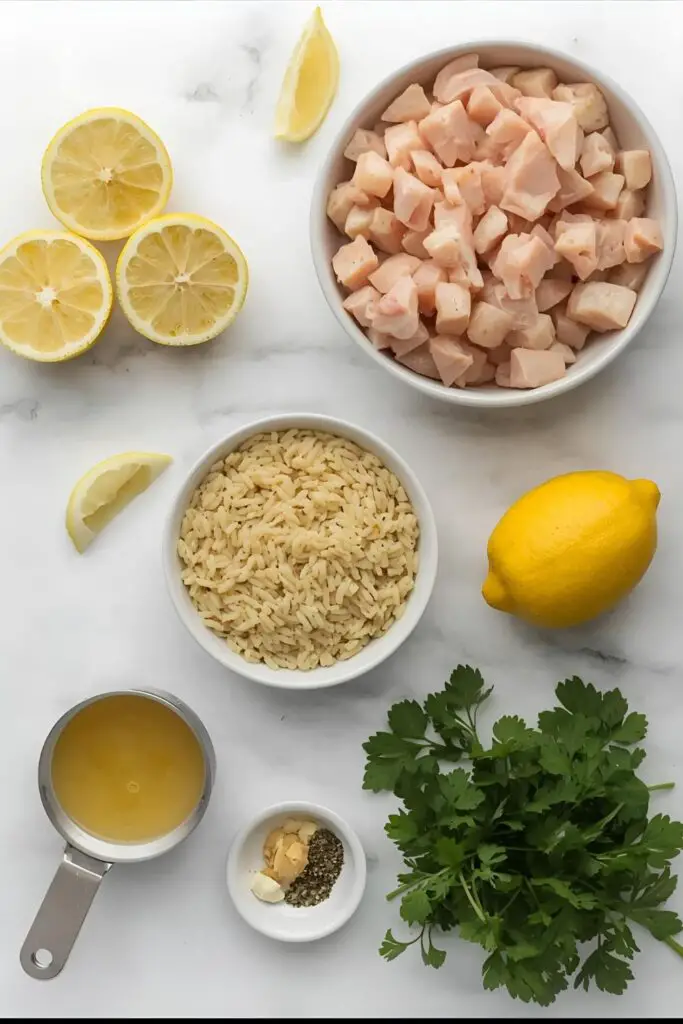 A flat lay of ingredients for lemon chicken orzo: chicken, orzo, lemons, broth, garlic, and herbs.