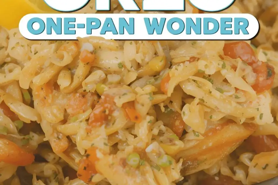 A vibrant bowl of lemon chicken orzo with the text "Lemon Chicken Orzo."