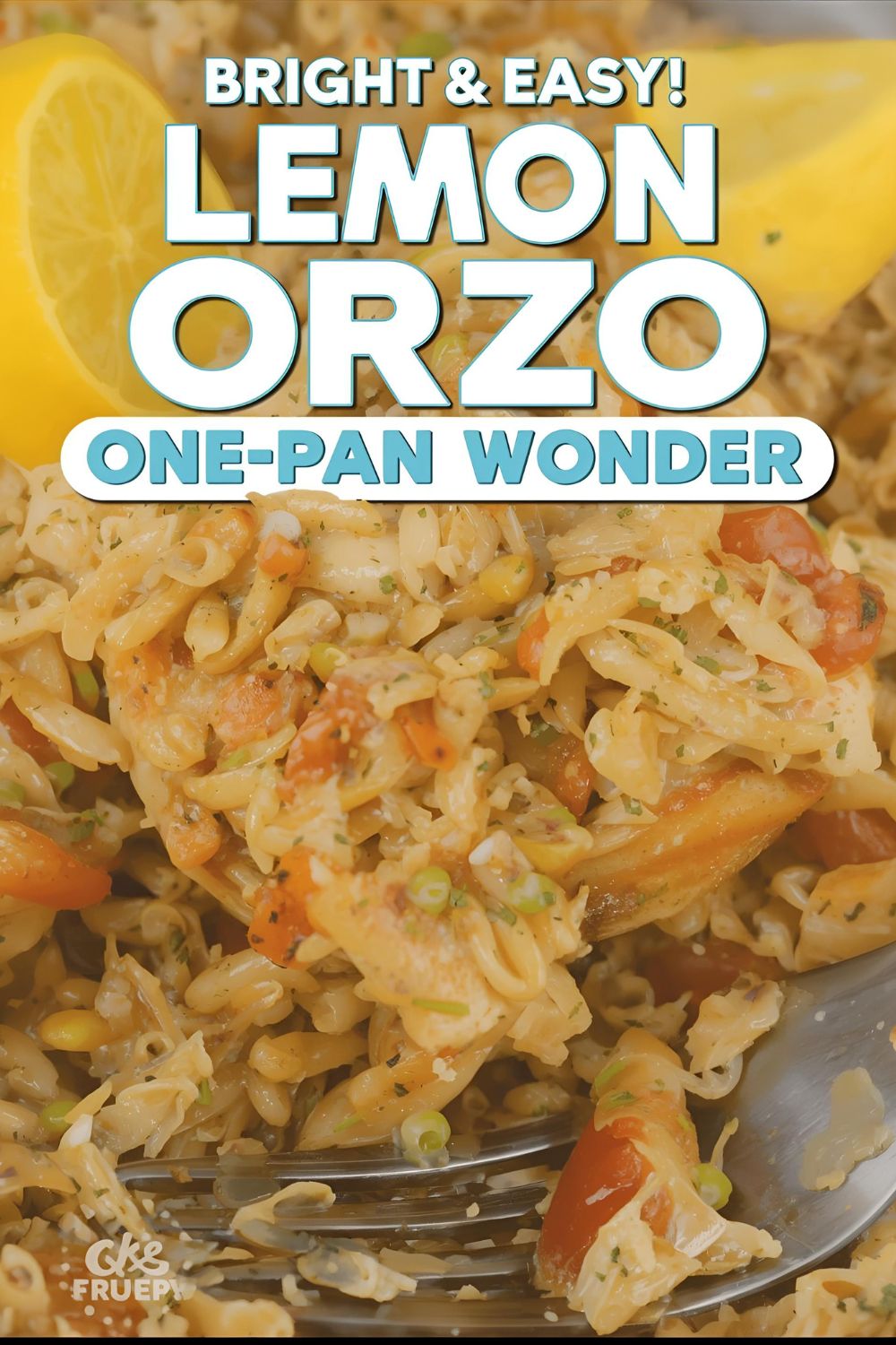 A vibrant bowl of lemon chicken orzo with the text "Lemon Chicken Orzo."