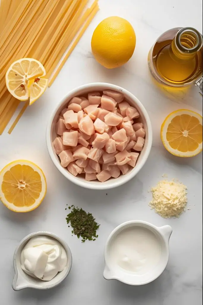 A flat lay of ingredients for lemon chicken pasta: pasta, chicken, lemons, garlic, olive oil, cream, and herbs.