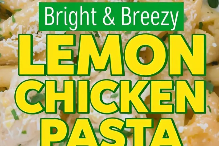 A swirl of lemon chicken pasta in a bowl with the text overlay "Bright & Breezy Lemon Chicken Pasta."