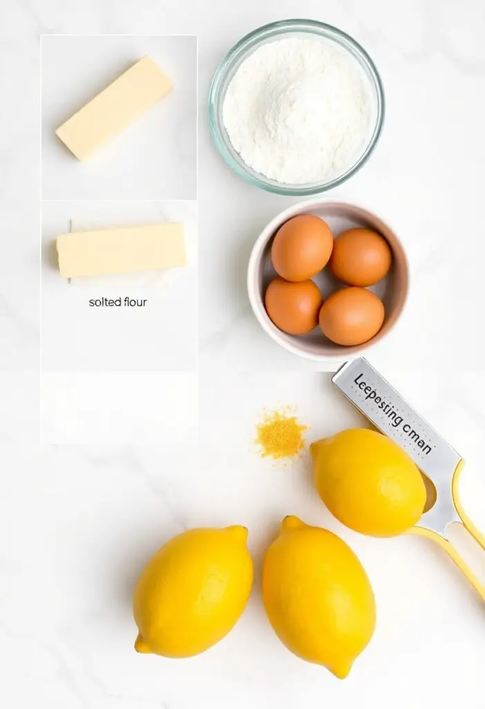 The simple, fresh ingredients needed to make a perfect lemon drizzle cake: lemons, butter, sugar, flour, and eggs.