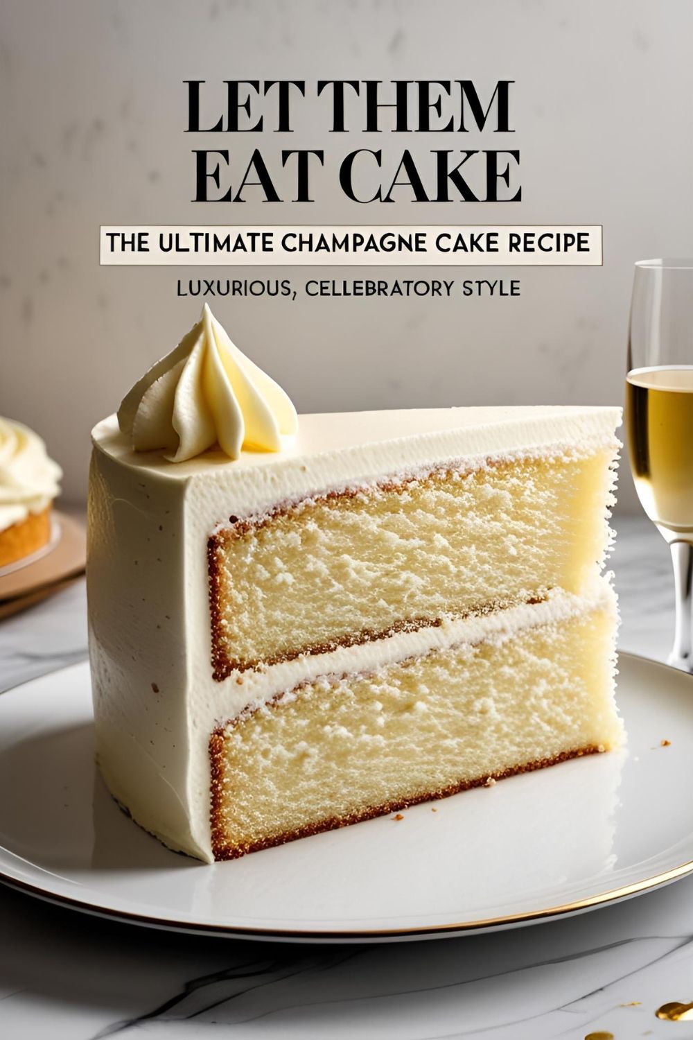 A beautiful three-layer champagne cake on a stand, decorated with gold pearls, illustrating a "let them eat cake" recipe.