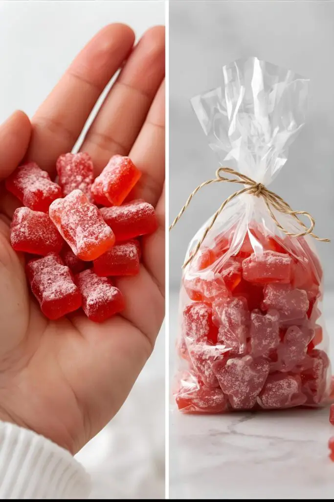 A close-up of a handful of li hing mui gummy bears, next to a clear bag filled with the finished candy.