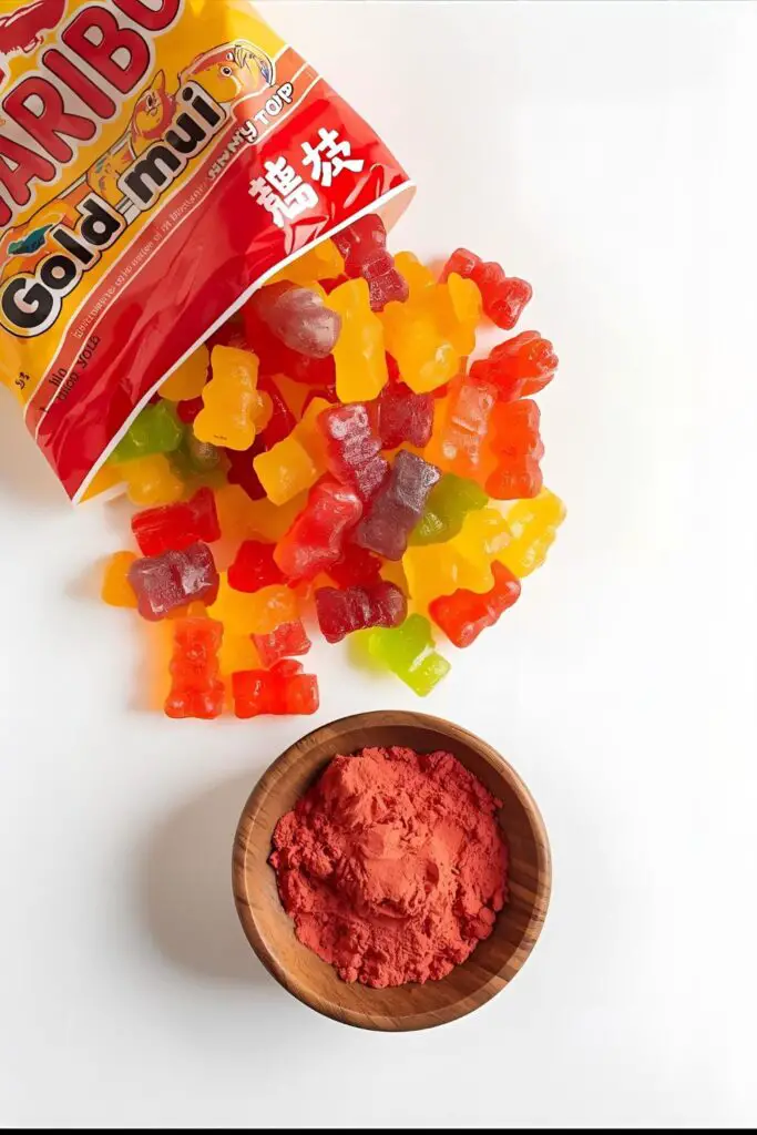  A flat lay of the simple ingredients for li hing mui gummy bears: a bag of gummy bears and a bowl of li hing mui powder.