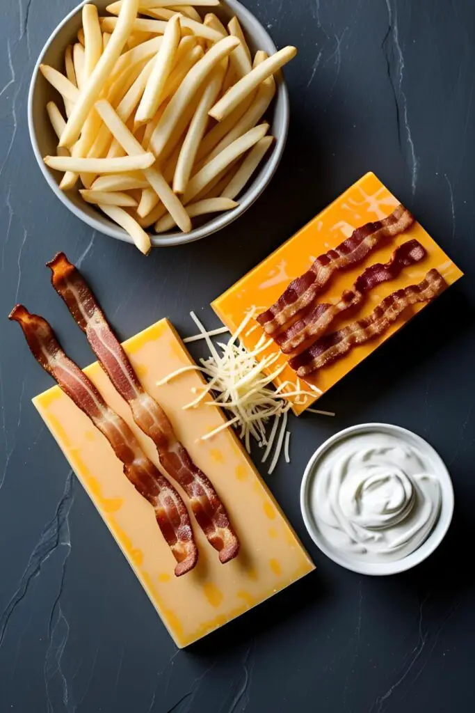 A flat lay of the key ingredients for loaded fries: frozen fries, cheddar cheese, bacon, and sour cream.