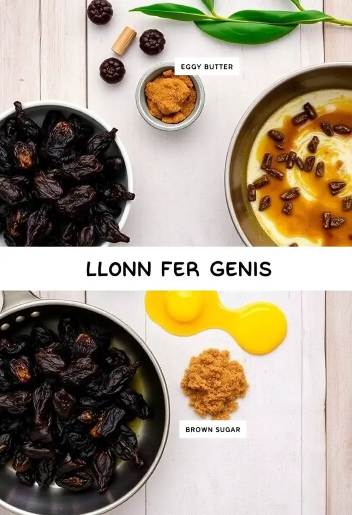 A rustic flat lay collage of key ingredients for Longan Dragon cookies: a bowl of dark, chewy dried longan fruit, a pan of nutty brown butter, brown sugar, and an egg yolk.