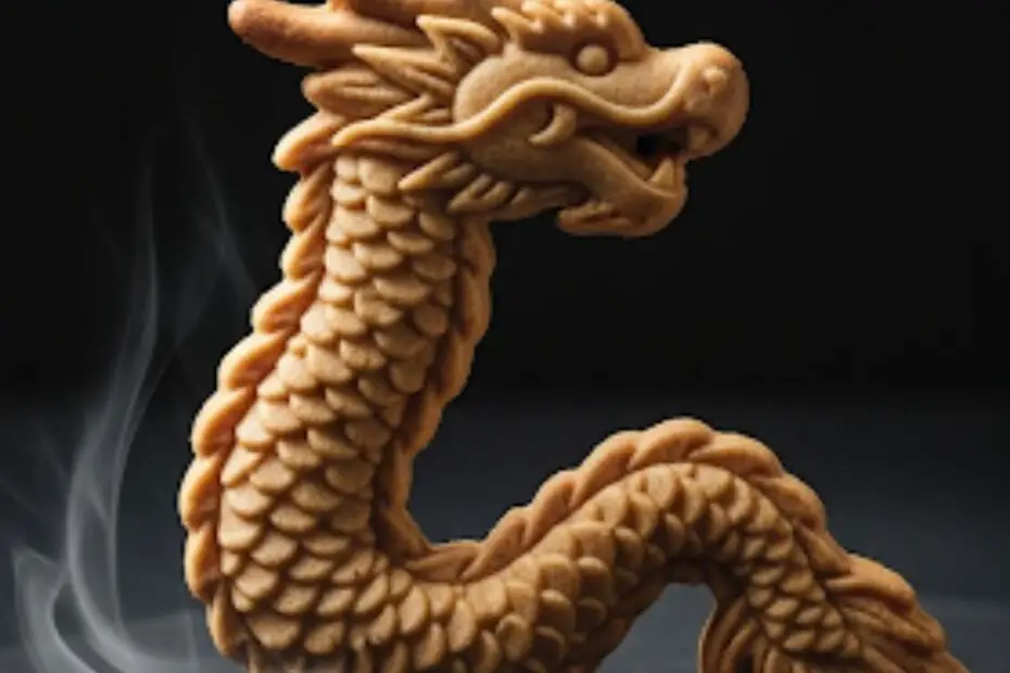 Text overlay "The Longan Dragon Cookie" over a dramatic, close-up shot of a golden-brown cookie with a beautifully defined, overlapping "dragon scale" pattern.