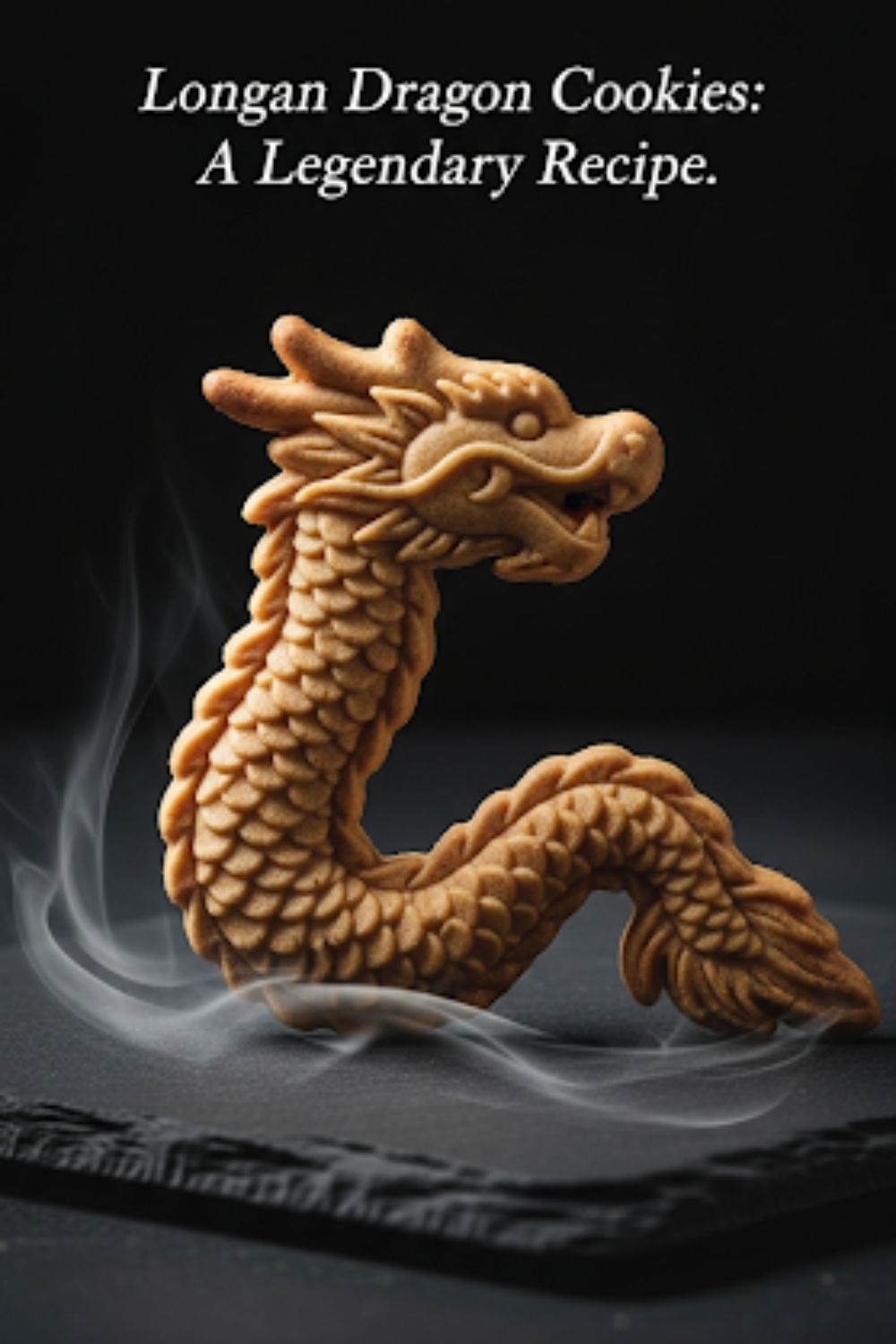 Text overlay "The Longan Dragon Cookie" over a dramatic, close-up shot of a golden-brown cookie with a beautifully defined, overlapping "dragon scale" pattern.