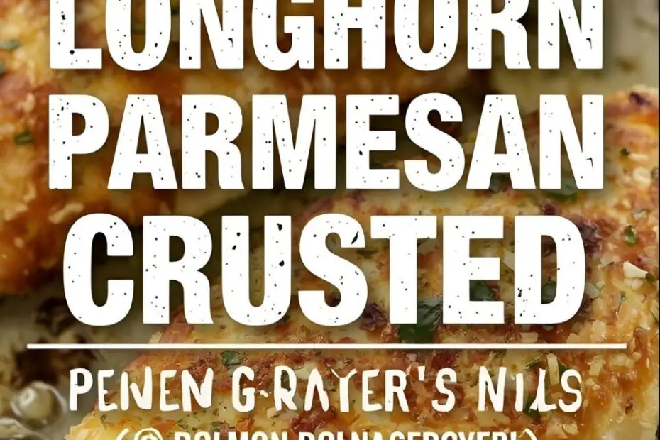 A golden-brown parmesan crusted chicken breast on a plate with the text overlay "Longhorn Parmesan Crusted Chicken (Copycat Recipe)."