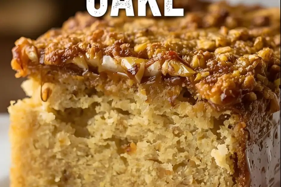 A slice of golden-brown lumberjack cake with visible coconut and dates, with the text overlay "How to Make a Lumberjack Cake."