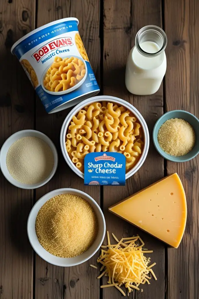  A flat lay of ingredients for upgrading mac and cheese: a container of Bob Evans mac and cheese, blocks of cheddar and Gruyère cheese, panko breadcrumbs, and spices.