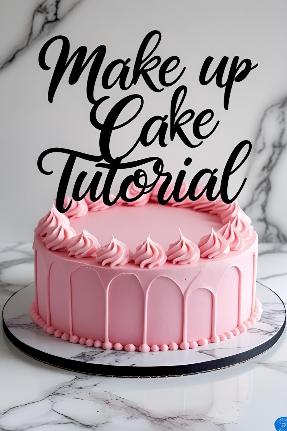 A beautiful pink cake decorated with handmade fondant makeup, including lipstick, an eyeshadow palette, and makeup brushes.