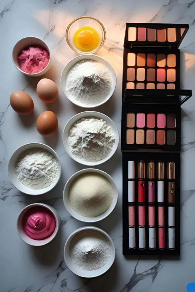 Ingredients for a makeup cake, including flour, butter, and colorful fondant, arranged neatly in a flat lay style.