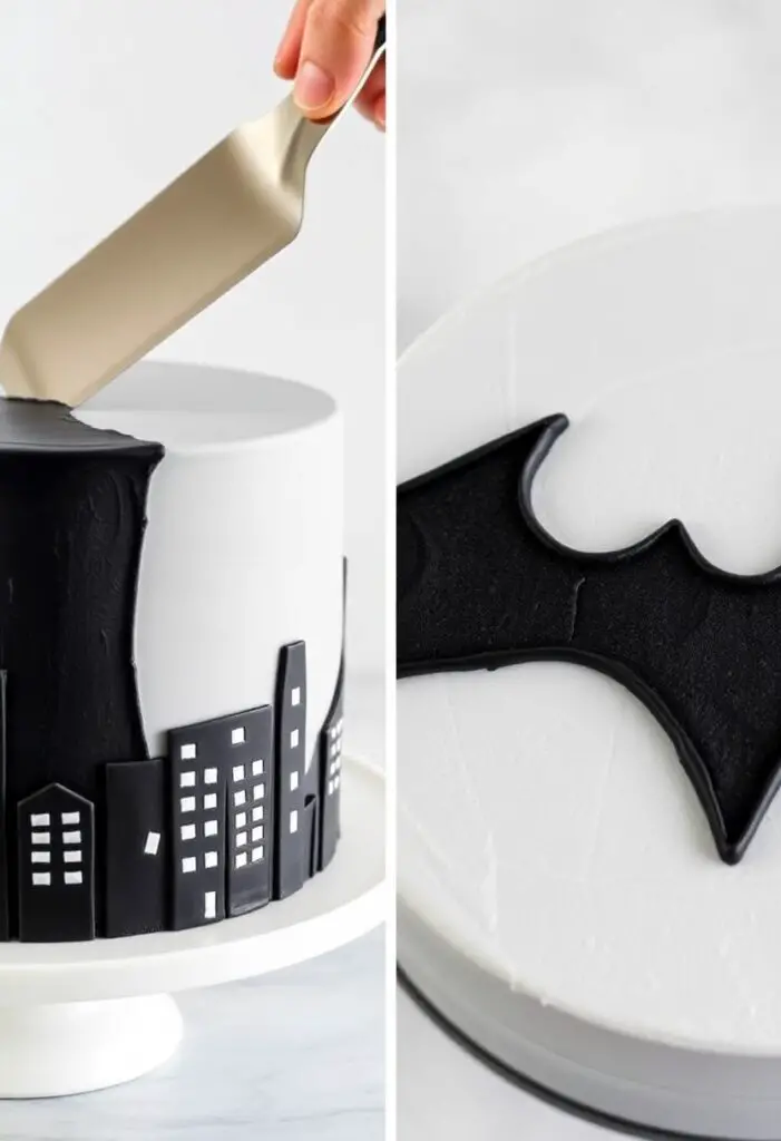 A two-panel image showing the process of frosting the Batman cake's skyline and a close-up of the finished Bat-Signal detail.