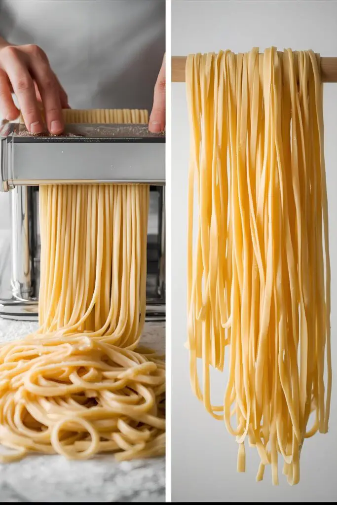 The process of cutting homemade egg noodles with a pasta machine and the fresh noodles air-drying on a rack.
