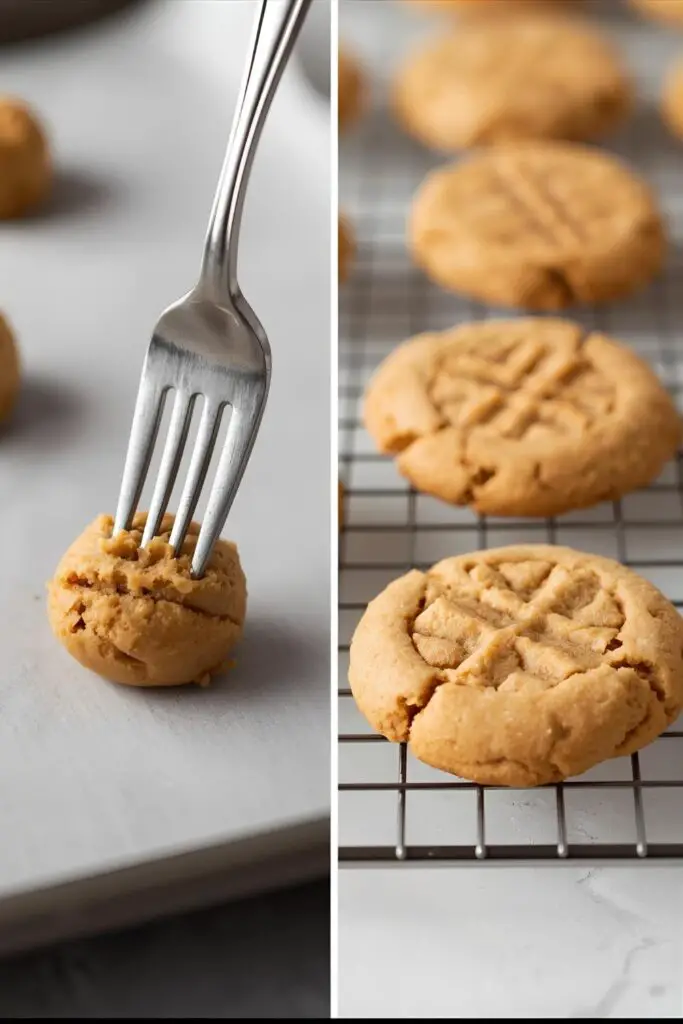 The process of making easy peanut butter cookies and a close-up of the delicious, chewy finished product.