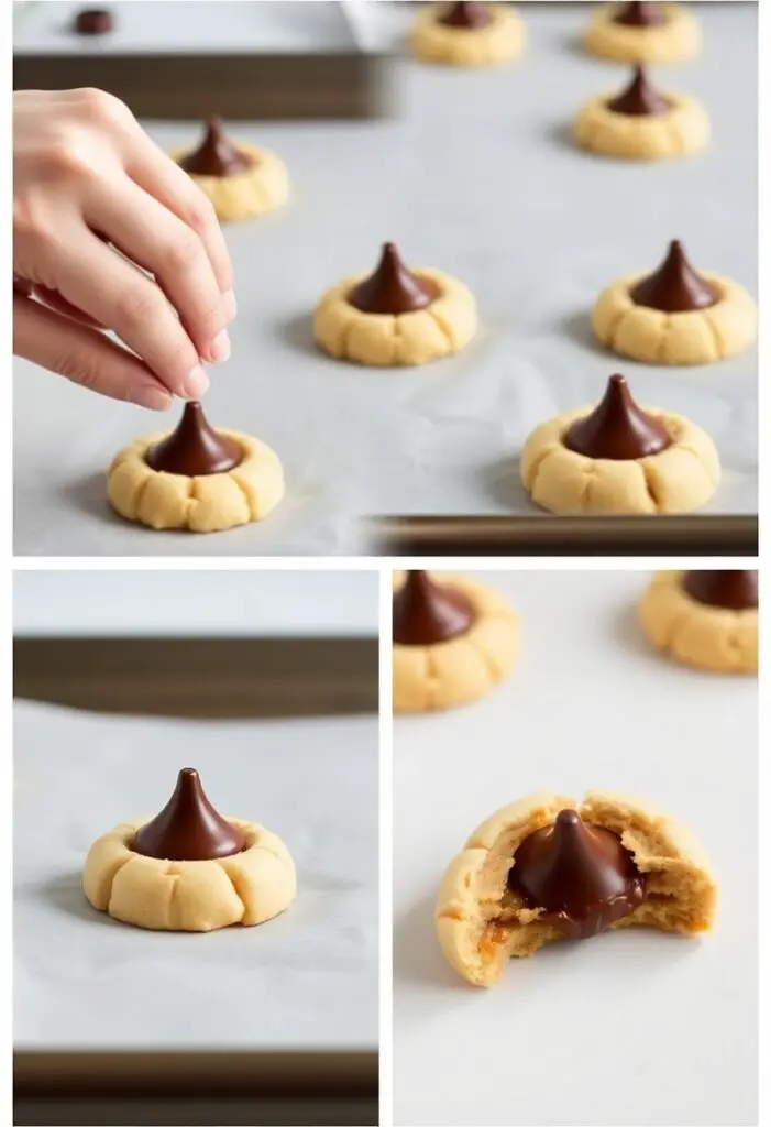  The process of making peanut butter blossoms and a close-up showing the perfect soft texture.