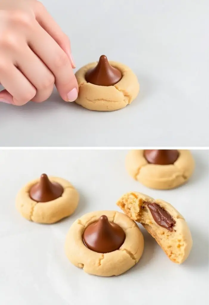 The process of making peanut butter blossom cookies and a close-up showing the perfect soft texture.