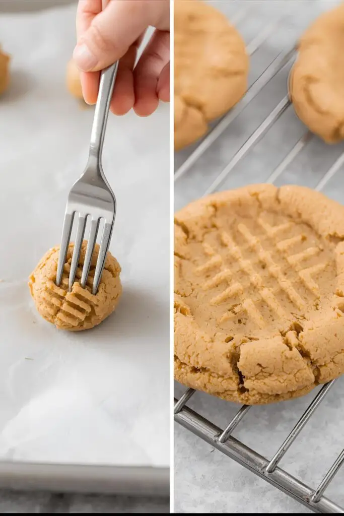 The process of creating fork marks on peanut butter cookie dough and a close-up of a freshly baked, chewy peanut butter cookie.